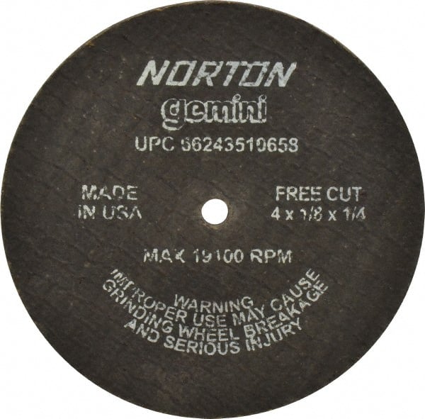 Norton - 4" Aluminum Oxide Cutoff Wheel - 1/8" Thick, 1/4" Arbor, 19,100 Max RPM, Use with Die Grinders - Exact Tooling