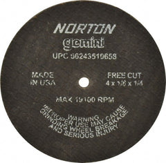 Norton - 4" Aluminum Oxide Cutoff Wheel - 1/8" Thick, 1/4" Arbor, 19,100 Max RPM, Use with Die Grinders - Exact Tooling