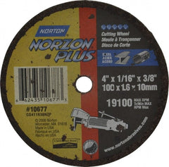 Norton - 4" Ceramic Cutoff Wheel - 1/16" Thick, 3/8" Arbor, 19,100 Max RPM, Use with Die Grinders - Exact Tooling