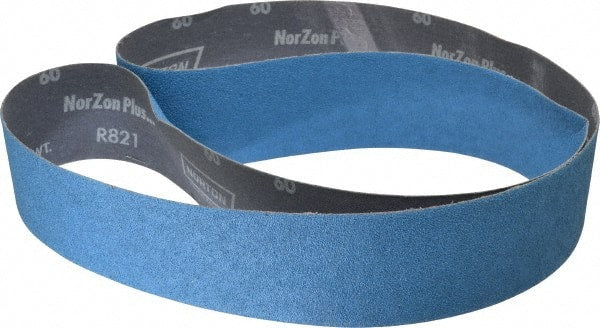 Norton - 2-1/2" Wide x 60" OAL, 60 Grit, Zirconia Alumina Abrasive Belt - Zirconia Alumina, Medium, Coated, Y Weighted Cloth Backing, Dry, Series R821 - Exact Tooling