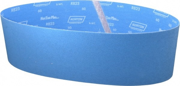 Norton - 6" Wide x 48" OAL, 60 Grit, Zirconia Alumina Abrasive Belt - Zirconia Alumina, Medium, Coated, X Weighted Cloth Backing, Series R823 - Exact Tooling