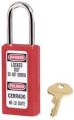 Master Lock - Keyed Alike Conductive Lockout Padlock - 1-1/2" Shackle Clearance, 1/4" Shackle Diam, 1-3/4" Body Height x 1-1/2" Body Width, Red, 6 Pins - Exact Tooling