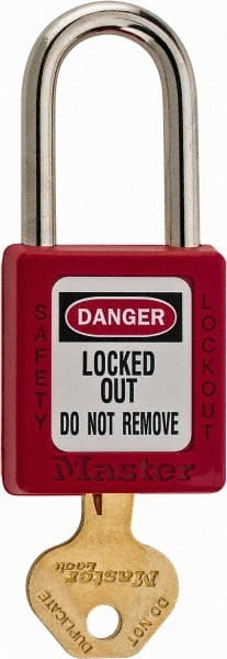 Master Lock - Keyed Different Nonconductive Lockout Padlock - 1-1/2" Shackle Clearance, 1/4" Shackle Diam, 1-3/4" Body Height x 1-1/2" Body Width, Red, 6 Pins - Exact Tooling