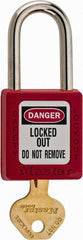 Master Lock - Keyed Different Nonconductive Lockout Padlock - 1-1/2" Shackle Clearance, 1/4" Shackle Diam, 1-3/4" Body Height x 1-1/2" Body Width, Red, 6 Pins - Exact Tooling
