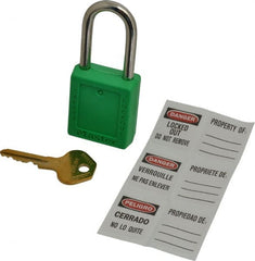 Master Lock - Keyed Different Nonconductive Lockout Padlock - 1-1/2" Shackle Clearance, 1/4" Shackle Diam, 1-3/4" Body Height x 1-1/2" Body Width, Green, 6 Pins - Exact Tooling