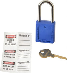 Master Lock - Keyed Alike Conductive Lockout Padlock - 1-1/2" Shackle Clearance, 1/4" Shackle Diam, 1-3/4" Body Height x 1-1/2" Body Width, Blue, 6 Pins - Exact Tooling
