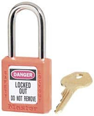 Master Lock - Keyed Alike Conductive Lockout Padlock - 1-1/2" Shackle Clearance, 1/4" Shackle Diam, 1-3/4" Body Height x 1-1/2" Body Width, Orange, 6 Pins - Exact Tooling