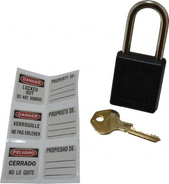 Master Lock - Keyed Different Nonconductive Lockout Padlock - 1-1/2" Shackle Clearance, 1/4" Shackle Diam, 1-3/4" Body Height x 1-1/2" Body Width, Black, 6 Pins - Exact Tooling