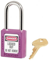 Master Lock - Keyed Alike Conductive Lockout Padlock - 1-1/2" Shackle Clearance, 1/4" Shackle Diam, 1-3/4" Body Height x 1-1/2" Body Width, Purple, 6 Pins - Exact Tooling