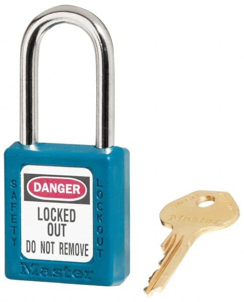 Master Lock - Keyed Alike Conductive Lockout Padlock - 1-1/2" Shackle Clearance, 1/4" Shackle Diam, 1-3/4" Body Height x 1-1/2" Body Width, Teal, 6 Pins - Exact Tooling