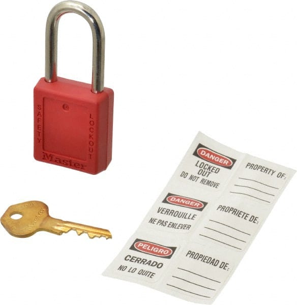 Master Lock - Keyed Alike Nonconductive Lockout Padlock - 1-1/2" Shackle Clearance, 1/4" Shackle Diam, 1-3/4" Body Height x 1-1/2" Body Width, Red, 6 Pins - Exact Tooling