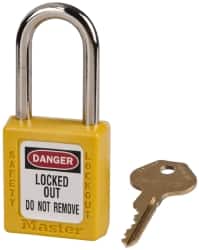 Master Lock - Keyed Alike Nonconductive Lockout Padlock - 1-1/2" Shackle Clearance, 1/4" Shackle Diam, 1-3/4" Body Height x 1-1/2" Body Width, Yellow, 6 Pins - Exact Tooling