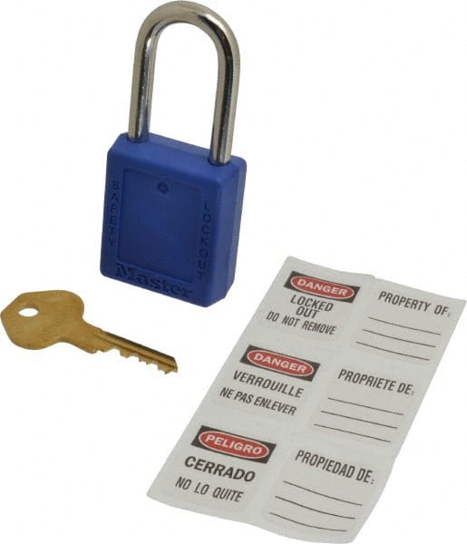 Master Lock - Keyed Alike Nonconductive Lockout Padlock - 1-1/2" Shackle Clearance, 1/4" Shackle Diam, 1-3/4" Body Height x 1-1/2" Body Width, Blue, 6 Pins - Exact Tooling
