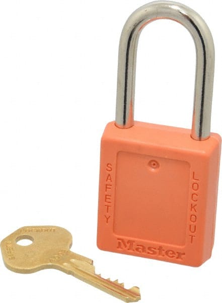 Master Lock - Keyed Alike Nonconductive Lockout Padlock - 1-1/2" Shackle Clearance, 1/4" Shackle Diam, 1-3/4" Body Height x 1-1/2" Body Width, Orange, 6 Pins - Exact Tooling