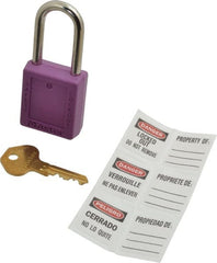 Master Lock - Keyed Alike Nonconductive Lockout Padlock - 1-1/2" Shackle Clearance, 1/4" Shackle Diam, 1-3/4" Body Height x 1-1/2" Body Width, Purple, 6 Pins - Exact Tooling