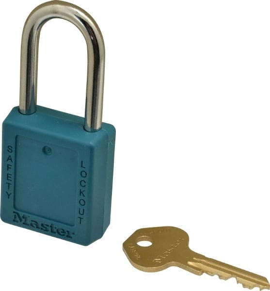 Master Lock - Keyed Alike Nonconductive Lockout Padlock - 1-1/2" Shackle Clearance, 1/4" Shackle Diam, 1-3/4" Body Height x 1-1/2" Body Width, Teal, 6 Pins - Exact Tooling