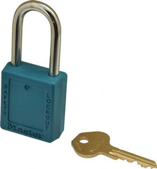 Master Lock - Keyed Alike Nonconductive Lockout Padlock - 1-1/2" Shackle Clearance, 1/4" Shackle Diam, 1-3/4" Body Height x 1-1/2" Body Width, Teal, 6 Pins - Exact Tooling