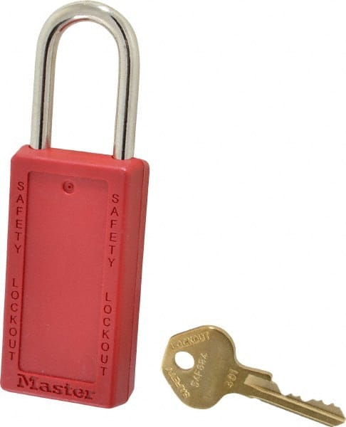 Master Lock - Keyed Different Nonconductive Lockout Padlock - 1-1/2" Shackle Clearance, 1/4" Shackle Diam, 3" Body Height x 1-1/2" Body Width, Red, 6 Pins - Exact Tooling