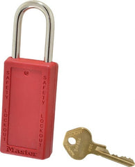 Master Lock - Keyed Different Nonconductive Lockout Padlock - 1-1/2" Shackle Clearance, 1/4" Shackle Diam, 3" Body Height x 1-1/2" Body Width, Red, 6 Pins - Exact Tooling