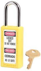 Master Lock - Keyed Alike Nonconductive Lockout Padlock - 1-1/2" Shackle Clearance, 1/4" Shackle Diam, 3" Body Height x 1-1/2" Body Width, Yellow, 6 Pins - Exact Tooling