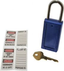 Master Lock - Keyed Different Nonconductive Lockout Padlock - 1-1/2" Shackle Clearance, 1/4" Shackle Diam, 3" Body Height x 1-1/2" Body Width, Blue, 6 Pins - Exact Tooling