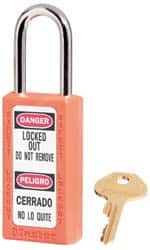 Master Lock - Keyed Alike Nonconductive Lockout Padlock - 1-1/2" Shackle Clearance, 1/4" Shackle Diam, 3" Body Height x 1-1/2" Body Width, Orange, 6 Pins - Exact Tooling