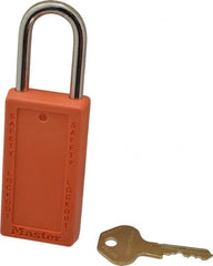Master Lock - Keyed Different Nonconductive Lockout Padlock - 1-1/2" Shackle Clearance, 1/4" Shackle Diam, 3" Body Height x 1-1/2" Body Width, Orange, 6 Pins - Exact Tooling