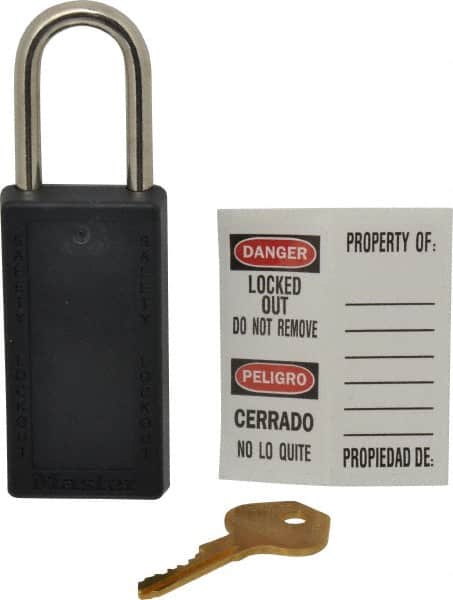 Master Lock - Keyed Different Nonconductive Lockout Padlock - 1-1/2" Shackle Clearance, 1/4" Shackle Diam, 3" Body Height x 1-1/2" Body Width, Black, 6 Pins - Exact Tooling