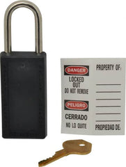 Master Lock - Keyed Different Nonconductive Lockout Padlock - 1-1/2" Shackle Clearance, 1/4" Shackle Diam, 3" Body Height x 1-1/2" Body Width, Black, 6 Pins - Exact Tooling