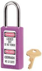 Master Lock - Keyed Alike Nonconductive Lockout Padlock - 1-1/2" Shackle Clearance, 1/4" Shackle Diam, 3" Body Height x 1-1/2" Body Width, Purple, 6 Pins - Exact Tooling