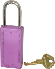 Master Lock - Keyed Different Nonconductive Lockout Padlock - 1-1/2" Shackle Clearance, 1/4" Shackle Diam, 3" Body Height x 1-1/2" Body Width, Purple, 6 Pins - Exact Tooling