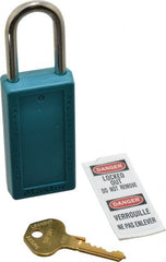 Master Lock - Keyed Different Nonconductive Lockout Padlock - 1-1/2" Shackle Clearance, 1/4" Shackle Diam, 3" Body Height x 1-1/2" Body Width, Teal, 6 Pins - Exact Tooling
