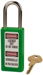 Master Lock - Keyed Alike Nonconductive Lockout Padlock - 1-1/2" Shackle Clearance, 1/4" Shackle Diam, 3" Body Height x 1-1/2" Body Width, Green, 6 Pins - Exact Tooling