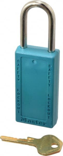 Master Lock - Keyed Alike Nonconductive Lockout Padlock - 1-1/2" Shackle Clearance, 1/4" Shackle Diam, 3" Body Height x 1-1/2" Body Width, Teal, 6 Pins - Exact Tooling