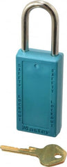 Master Lock - Keyed Alike Nonconductive Lockout Padlock - 1-1/2" Shackle Clearance, 1/4" Shackle Diam, 3" Body Height x 1-1/2" Body Width, Teal, 6 Pins - Exact Tooling