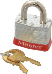 Master Lock - Keyed Different Retaining Key Conductive Lockout Padlock - 3/4" Shackle Clearance, 9/32" Shackle Diam, 3/8" Body Height x 1-9/16" Body Width, Red, 4 Pins - Exact Tooling