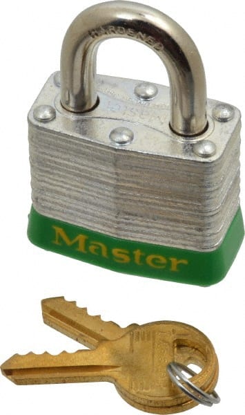 Master Lock - Keyed Different Retaining Key Conductive Lockout Padlock - 3/4" Shackle Clearance, 9/32" Shackle Diam, 1-1/4" Body Height x 1-9/16" Body Width, Green, 4 Pins - Exact Tooling