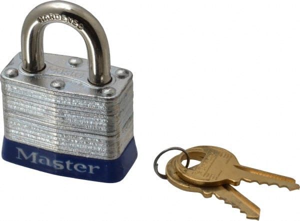 Master Lock - Keyed Different Retaining Key Conductive Lockout Padlock - 3/4" Shackle Clearance, 9/32" Shackle Diam, 1-1/4" Body Height x 1-9/16" Body Width, Blue, 4 Pins - Exact Tooling