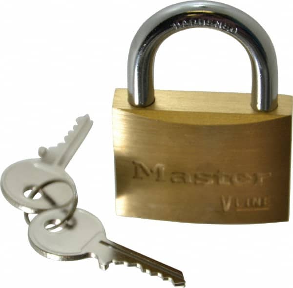 Master Lock - 15/16" Shackle Clearance, Keyed Different Padlock - 9/32" Shackle Diam, Brass - Exact Tooling