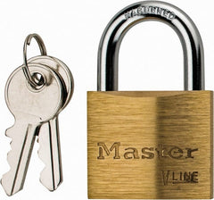 Master Lock - 13/16" Shackle Clearance, Keyed Different Padlock - 1/4" Shackle Diam, Brass - Exact Tooling