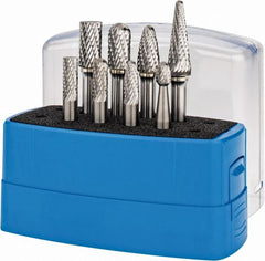 Made in USA - 8 Piece, 1/4" Shank Burr Set - Tungsten Carbide, Multiple Head Shape - Exact Tooling