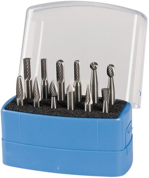 Made in USA - 12 Piece, 1/4" Shank Burr Set - Solid Carbide, Multiple Head Shape - Exact Tooling