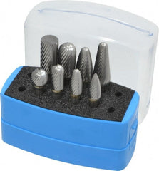 Made in USA - 8 Piece, 1/4" Shank Burr Set - Solid Carbide, Multiple Head Shapes, 14° Included Angle - Exact Tooling