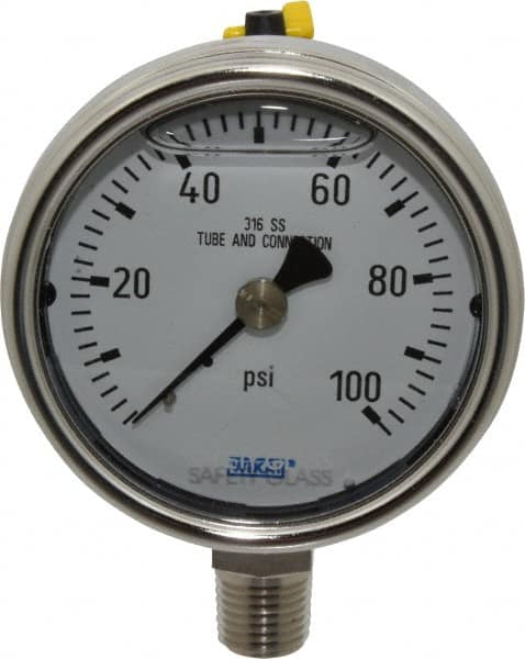 Wika - 2-1/2" Dial, 1/4 Thread, 0-100 Scale Range, Pressure Gauge - Lower Connection Mount, Accurate to 2-1-2% of Scale - Exact Tooling