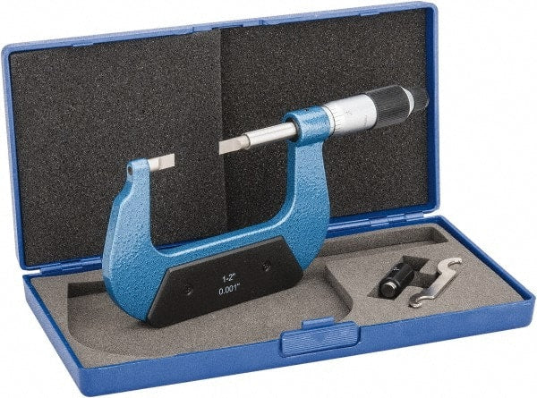 Value Collection - 1" to 2" Mechanical Enamel Coated Blade Micrometer - 0.001" Graduation, 0.0276" Blade Thickness, Ratchet-Friction Thimble - Exact Tooling