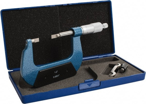Value Collection - 1" to 2" Mechanical Enamel Coated Blade Micrometer - 0.0001" Graduation, 0.0276" Blade Thickness, Ratchet-Friction Thimble - Exact Tooling