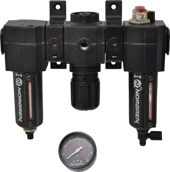 Norgren - 3/8" NPT Port Intermediate 3 Piece Filter-Regulator-Lubricator FRL Unit - Metal Bowl, 75 SCFM, 250 Max psi, 82" High x 9.13" Long, Automatic Drain - Exact Tooling