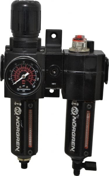 Norgren - 3/8" NPT Port Intermediate 2 Piece Filter/Regulator-Lubricator FRL Unit - Metal Bowl, 60 SCFM, 250 Max psi, 9.95" High x 5.91" Long, Automatic Drain - Exact Tooling