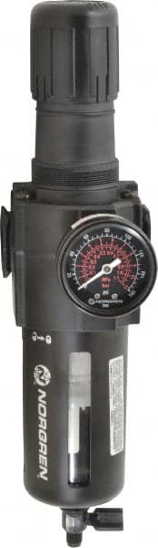 Norgren - 1/2" NPT Port Standard 1 Piece Filter/Regulator FRL Unit - Polycarbonate Bowl, 212 SCFM, 150 Max psi, 9.95" High x 3.15" Long, Manual Drain - Exact Tooling