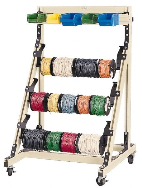 Qualtech - 300 Lb Capacity, 33-39/64" Wide x 36" Long x 54" High Wire Spool Cart - 3 Slot, Aluminum, 2 Rigid/2 Swivel Casters - Exact Tooling